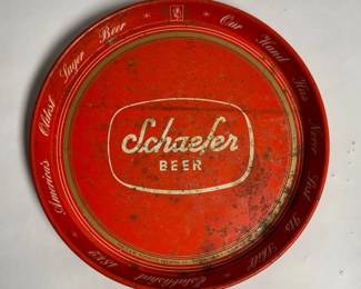 Vintage mid-century red metal bar and tavern serving tray from the F. & M. Schaefer Brewing Co. made in the 1950s and 1960s.