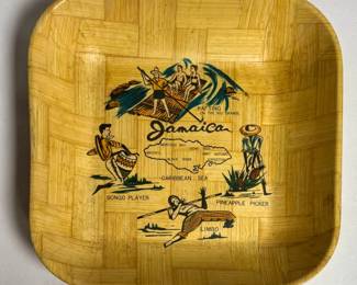 Vintage mid-century Jamaican souvenir woven bamboo square dish featuring folk art graphics and a map of Jamaica.