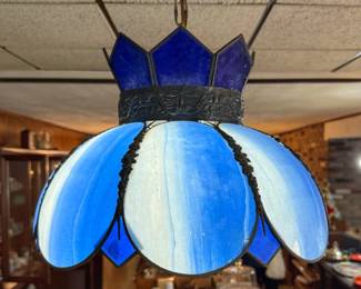 Vintage blue and white slag glass pendant light.