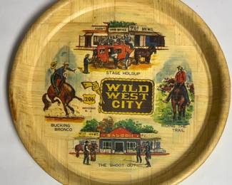 Vintage woven bamboo souvenir serving tray from Wild West City in Netcong, New Jersey.