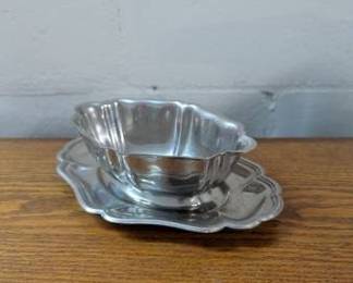 Vintage Pewter Gravy Boat with Attached Underplate