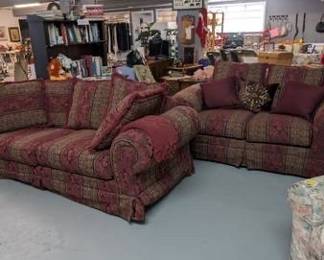 Traditional Burgundy and Gold Damask Sofa and Loveseat Set