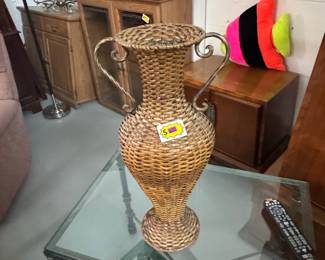 Woven Wicker Urn Vase with Metal Handles