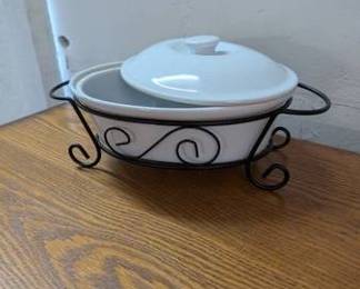 Oval Ceramic Casserole Dish with Metal Warmer Stand