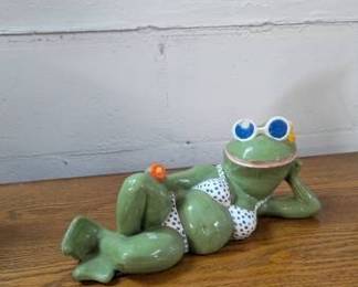 Vintage Ceramic Frog Figurine in Polka Dot Bikini
