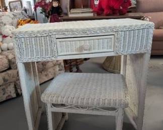 Henry Link White Wicker Vanity and Stool Set
