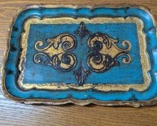 Vintage Italian Florentine Blue and Gold Gilt Wood Serving Tray