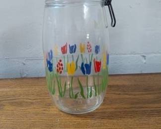 Vintage ARC France Glass Storage Jar with Tulip Motif