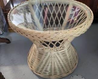 Vintage Hourglass Woven Rattan Side Table with Glass Top