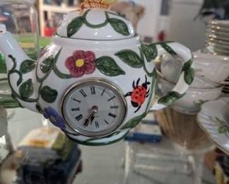 Ceramic Teapot Clock with Floral and Ladybug Motif