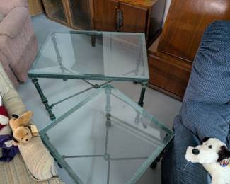 Pair of Giacometti Style Wrought Iron and Glass End Tables