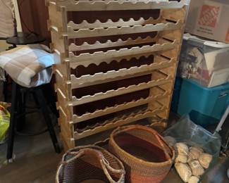 72 bottle bamboo wine rack. Baskets. Yard for crochet/knitting.