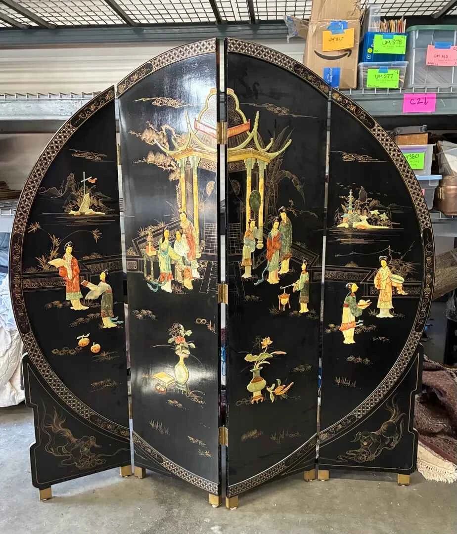 OM183RVAsian Style 4Panel, Black Lacquer Folding Room Divider