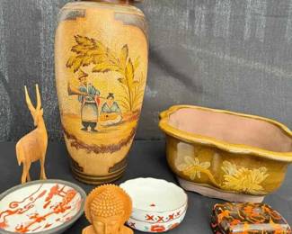 OM419Vintage East Asian Ceramic Jar, Buddha, Lacquer Box Bowls