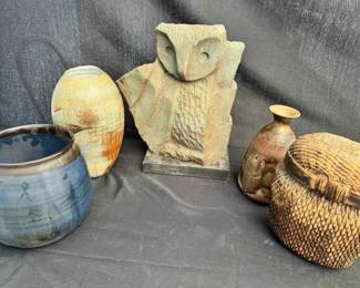OM425Eclectic Collection Of Vintage Studio Ceramics Faux Stone Owl Woven Basket