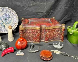 OM458Vintage Red Gold Trinket Box, Matryoshka Doll, Figurines More