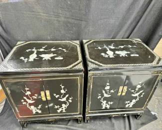 OM176RVintage Chinese Chinoiserie Black Lacquer Accent Cabinets with Mother of Pearl Bird Inlay