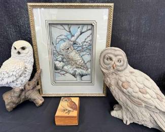 OM409Vintage Framed Owl Basil Ed 3D Paper Art, Snowy Grey Owl Statues Trinket Box