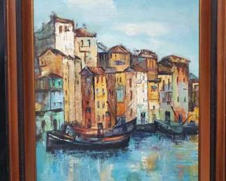 OM482Framed Vintage Harbor Scene In Oil