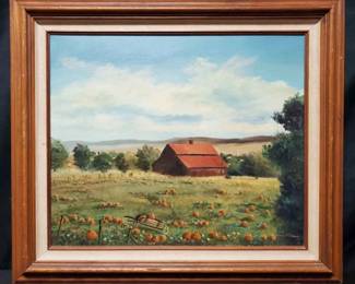 OM485Framed Vintage Pumpkin Field Landscape In Oil
