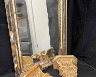 OM449Vintage Hollywood Regency Gold Gilt Mirror Matching Wall Corbel Sconces Set