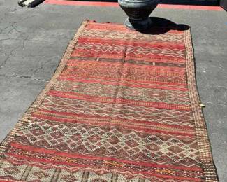 OM464Vintage Moroccan Kilim Runner Flat weave Metal Amphora Decorative Vessel