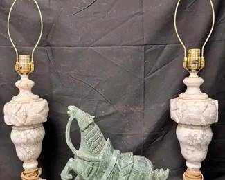 OM452Pair Of Neoclassical Carved Alabaster Table Lamps Chinese Tangstyle Green Hardstone Horse Sculpt