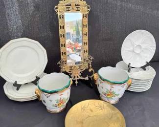 OM411Vintage Herend Rosenthal Germany Plates, Pillivuyt France Oyster Plates Brass Mirror