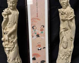 OM453Vintage Chinese Faux Ivory Statue Pair W Framed Chinese Art