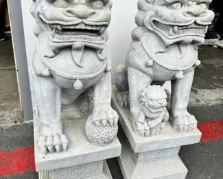 OM401Pair Of Large Faux Stone Foo Dog Statues Imperial Guardian Lions