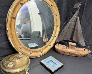 OM459Vintage Nautical Porthole Mirror, Model Sailboat Brass Canister