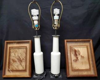 OM462Vintage Ceramic Lamps And Framed Bird Prints