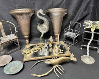 OM460Vintage Hollywood Regency Crane, Vases, Miniature Chairs, Lobster Vanity Mirror Tray