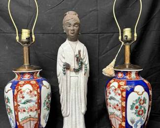 OM444Pair Of Japanese Imari Vase Lamps White Blanc De Chine Guanyin Statue
