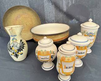 OM414Vintage Spanish Ceramic Apothecary Jars, Toledo Pitcher Brass Charger Bowl