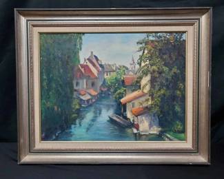 OM484Framed Canal Scene In Oil