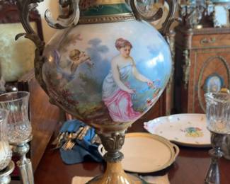 Vintage Hand-Painted Sevre Style Neoclassical Ceramic Urn with Gilt Accents