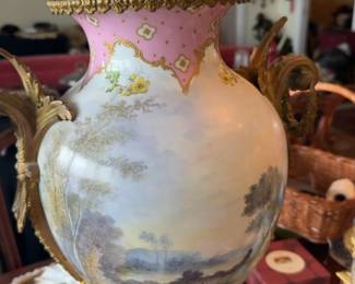 Vintage Hand-Painted French Porcelain Sevres Style Urn with Bronze Accents