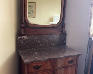 Victorian Style Walnut Marble Top Sideboard with Mirror, Includes Key