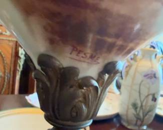 Vintage Hand-Painted Sevre Style Neoclassical Ceramic Urn with Gilt Accents