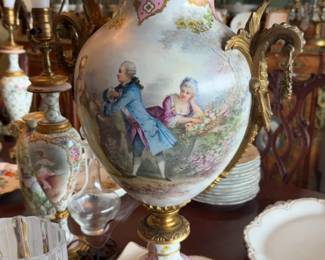 Vintage Hand-Painted French Porcelain Sevres Style Urn with Bronze Accents