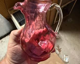 Vintage Cranberry Glass Pitcher appears to be Fenton Art Glass