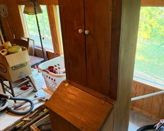 Vintage Wooden Two-Tier Cabinet with Upper Cupboard and Bin