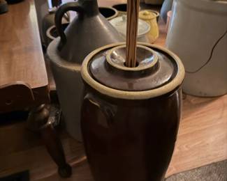 Antique Brown Stoneware Butter Churn and Stoneware Jug