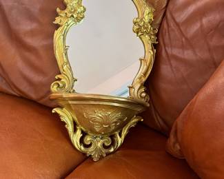 Syroco Hollywood Regency Shiny Gold Wall Mirror Shelf