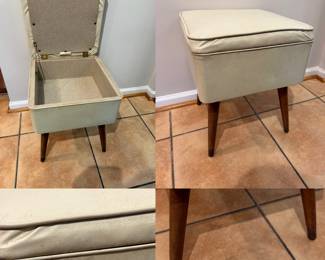 MCM vinyl storage footstool/sewing ottoman, ivory or cream-colored faux leather hinged lid w/interior storage compartment, & tapered wooden peg legs