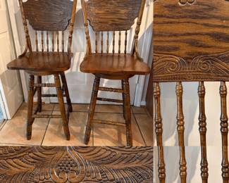 Pair vintage solid oak pressed-back Windsor swivel bar