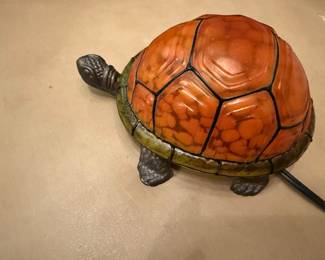Tiffany-style turtle accent lamp and night light amber-orange swirled/slag glass dome shell w/dark metal or cast-iron base