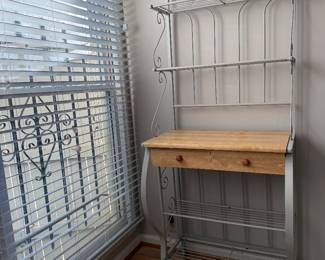 2 Drawer white scrolled metal and wood baker's rack