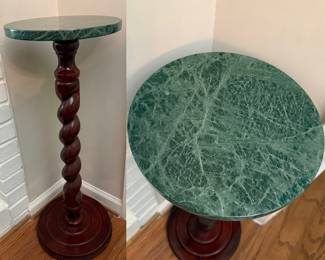 reproduction green marble-top plant stand turned mahogany-finish wood base carved barley-twist column